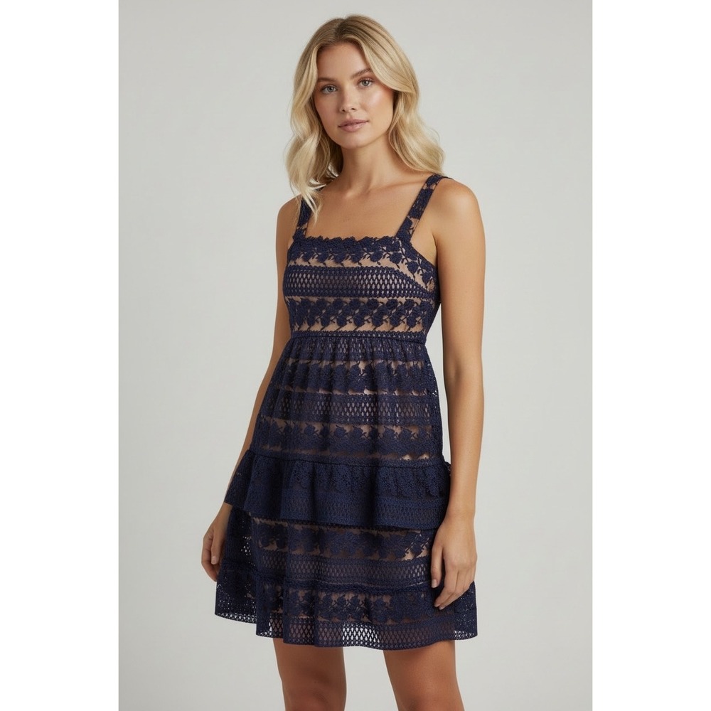 Lulus Navy Blue Crochet Lace Tiered Mini Dress XS Cocktail Party Coquette